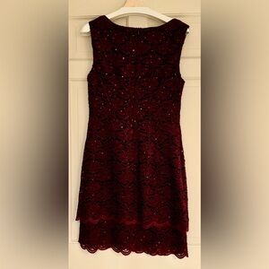 Connected Apparel Women Burgundy Sleeveless Embroidered Lace Tiered Dress Sz 12